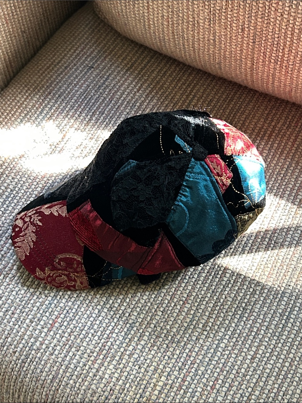 Chico's Patchwork Velvet Newsboy Cap in Black, Teal, Burgundy